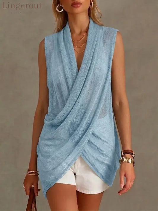 A Loose Comfortable And Lightweight Sleeveless Knit Top. - LightBlue / S