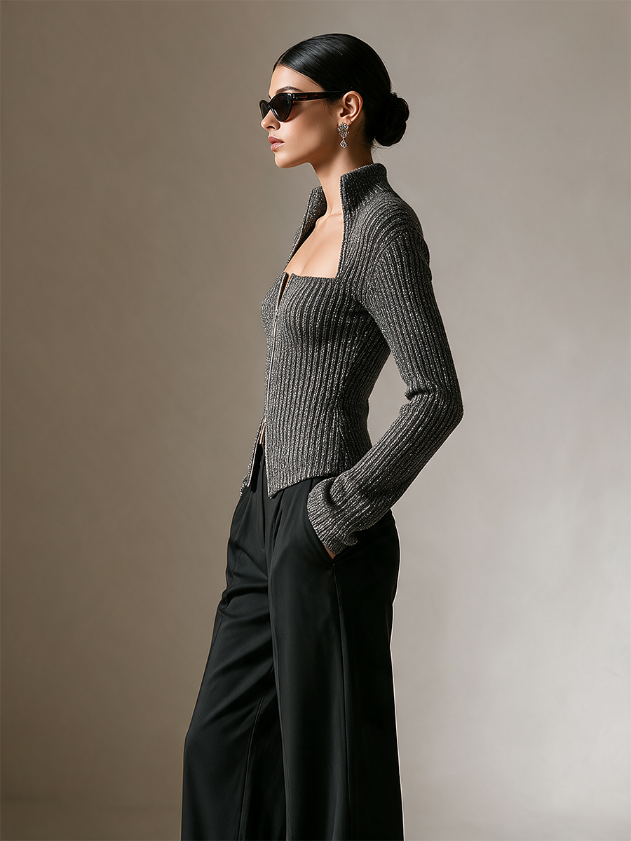 Women's Zip‑Front Cutout Knit Top