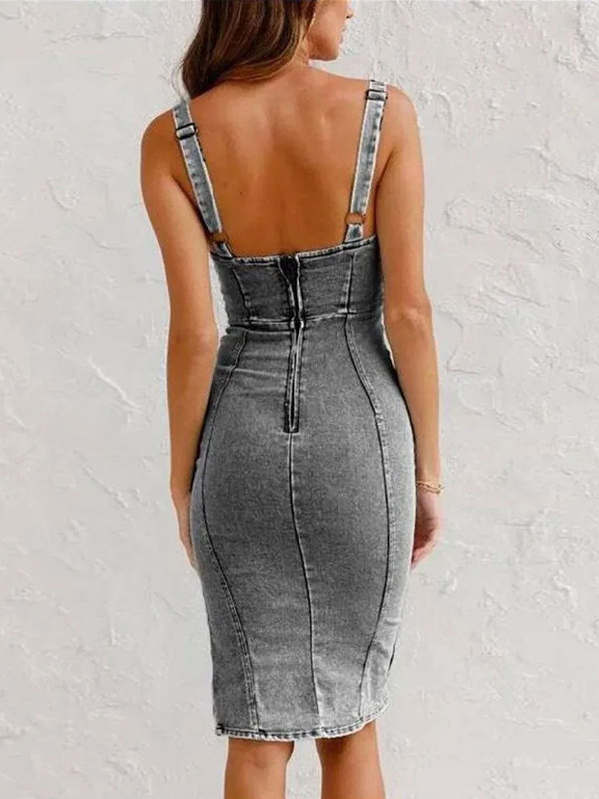 Hugmecurve Stretch Sleeveless Denim Dress With Slit