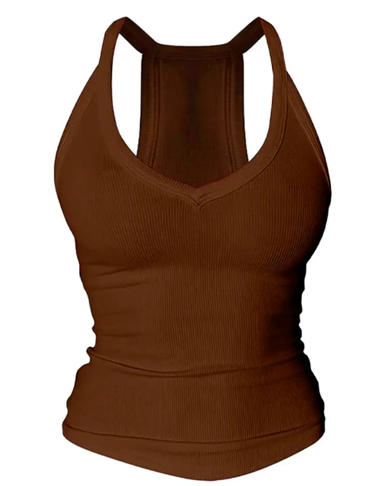 Built-in Bra V-Neck Ribbed Spaghetti Strap Cami Top - Coffee / S