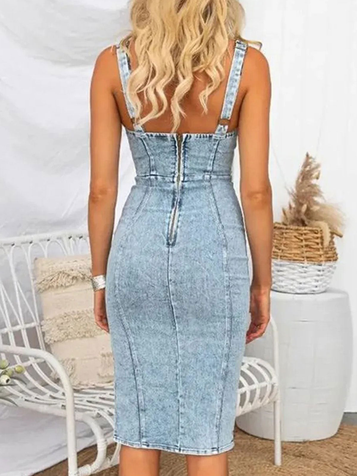Hugmecurve Stretch Sleeveless Denim Dress With Slit