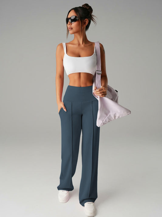 Women's Plain Loose Straight Leg Pants, Wide Leg High Waist Sporty Casual Sweatpants with Pockets