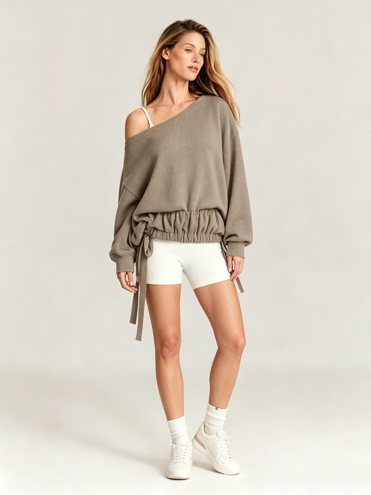 Off Shoulder Drawstring Hem Oversized Sweatshirt