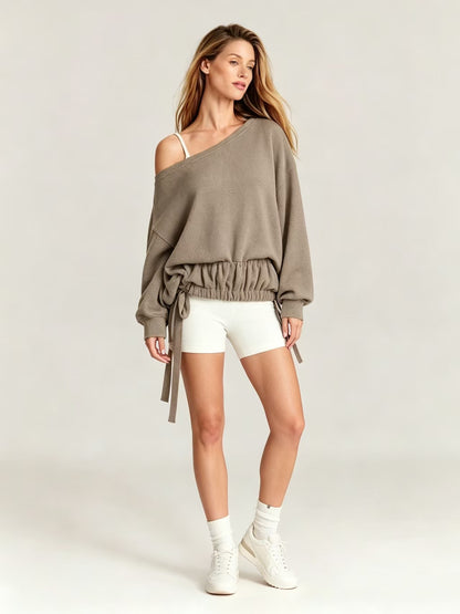 Off Shoulder Drawstring Hem Oversized Sweatshirt