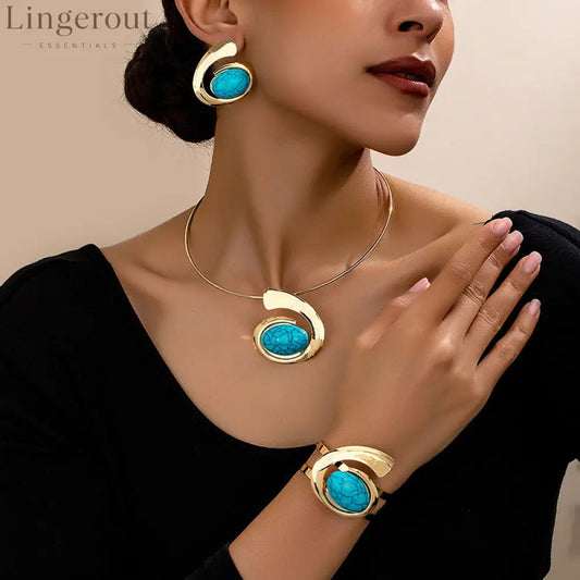 Abstract Curve Statement Jewelry 4-Piece Set | Open Choker Necklace + Adjustable Cuff Bracelet + Matching Drop Earrings