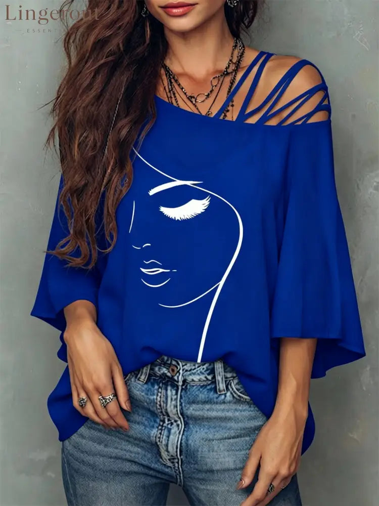 Abstract Face Line Art Crisscross Cold Shoulder Flare Sleeve Blouse - Royal blue / S