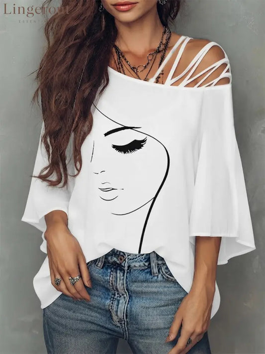 Abstract Face Line Art Crisscross Cold Shoulder Flare Sleeve Blouse - White / S
