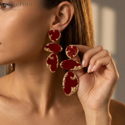 Abstract Red Enamel Tiered Drop Earrings Hammered 14K Gold Plated Statement Dangle Earrings - EH5799
