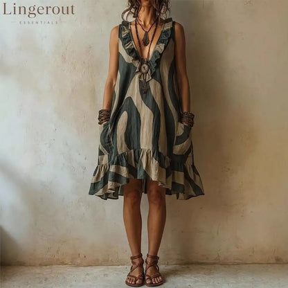 Abstract Wave Print Ruffle V-Neck Sleeveless Linen Mini Dress with Pockets