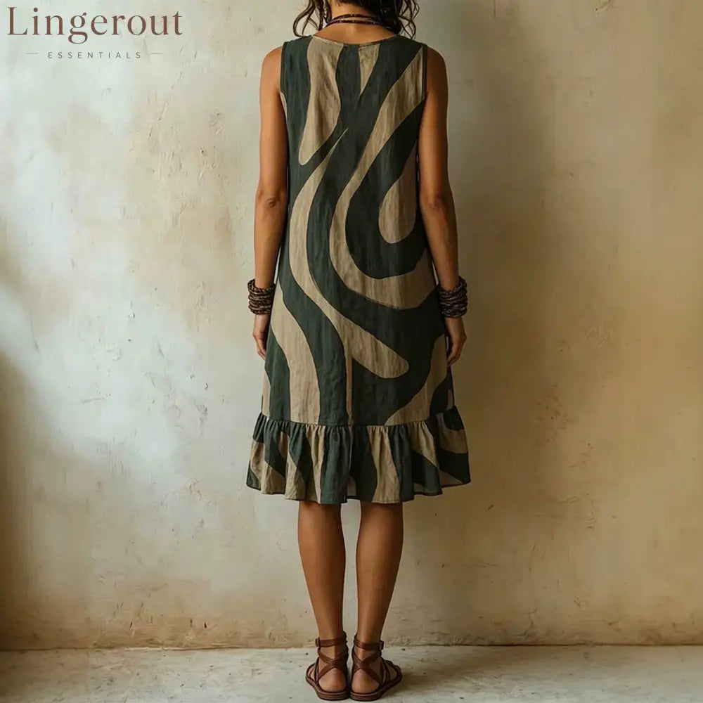 Abstract Wave Print Ruffle V-Neck Sleeveless Linen Mini Dress with Pockets