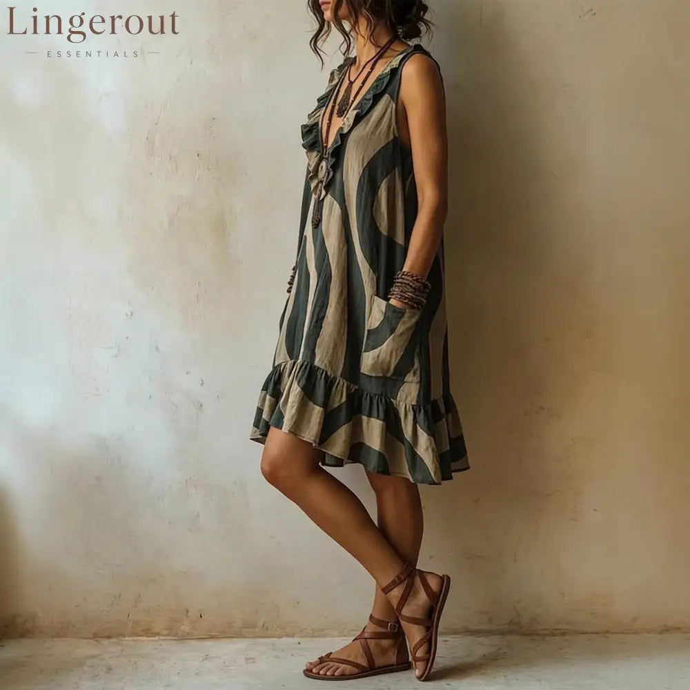 Abstract Wave Print Ruffle V-Neck Sleeveless Linen Mini Dress with Pockets