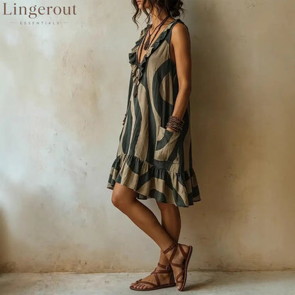 Abstract Wave Print Ruffle V-Neck Sleeveless Linen Mini Dress with Pockets