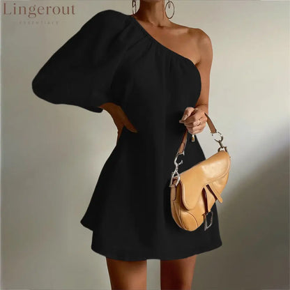 Aegean Cotton Linen One Sleeve Short Dress - Black / S