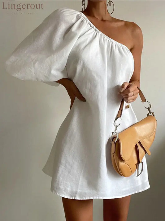 Aegean Cotton Linen One Sleeve Short Dress - White / S