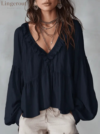 Airy Vintage-Inspired Ruffle Soft Ruffle Bohemian Blouse - Navy Blue / XS