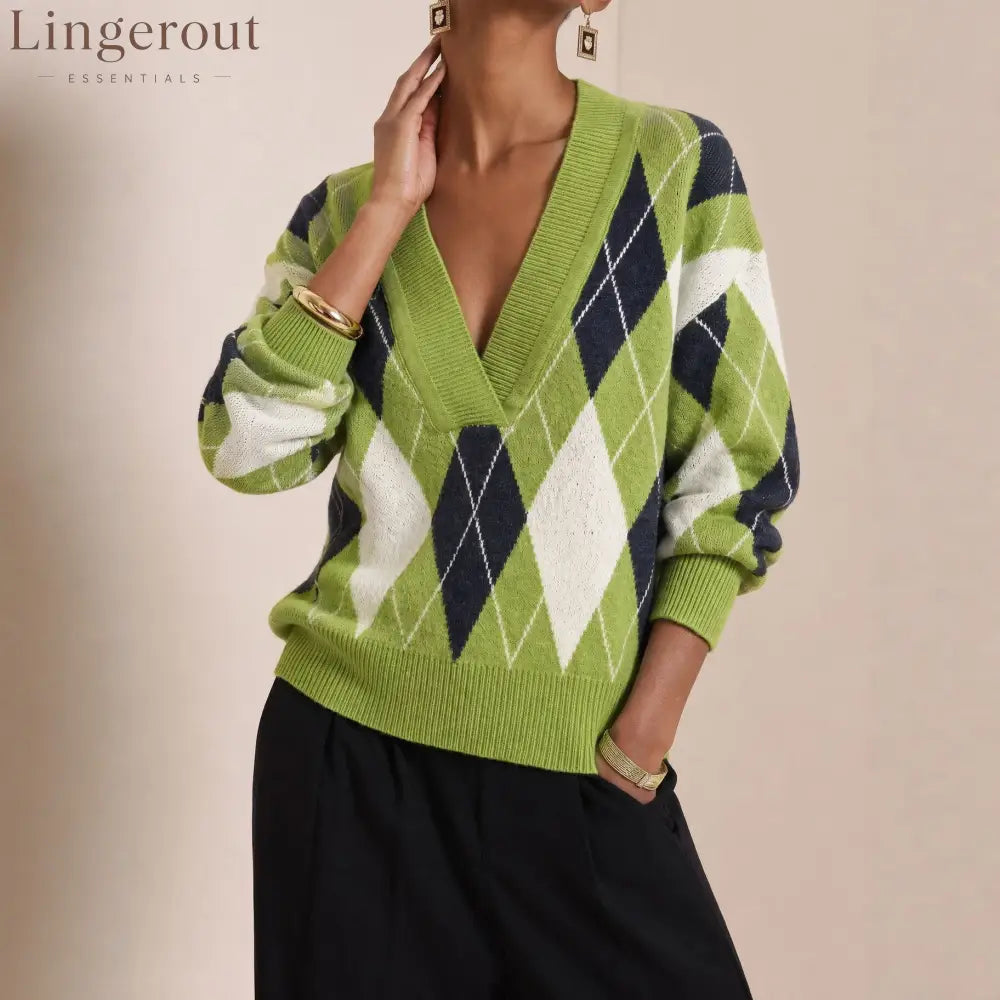 Argyle V-Neck Knit Sweater