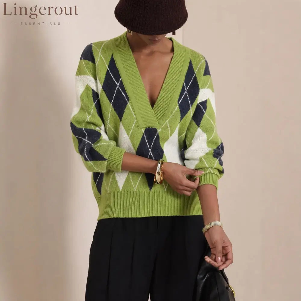 Argyle V-Neck Knit Sweater