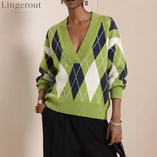 Argyle V-Neck Knit Sweater
