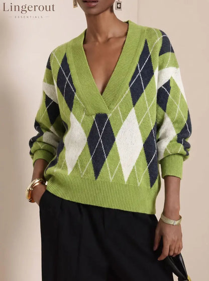 Argyle V-Neck Knit Sweater - Green / S
