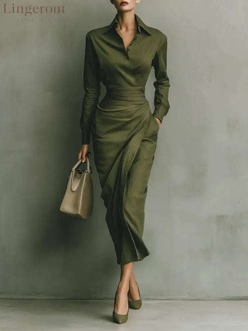 Army Green Cotton Blended Maxi Dress - Army Green / XS