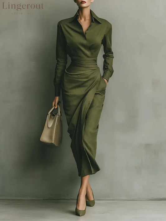 Army Green Cotton Blended Maxi Dress - Army Green / XS