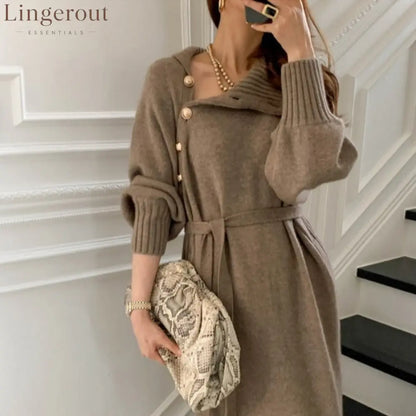 Asymmetric Button Batwing Sleeve Belted Knit Midi Dress