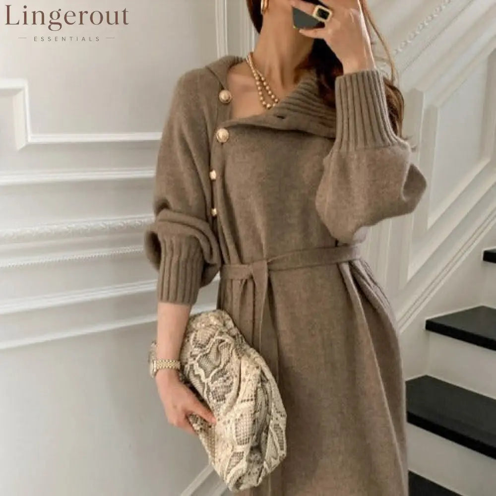 Asymmetric Button Batwing Sleeve Belted Knit Midi Dress