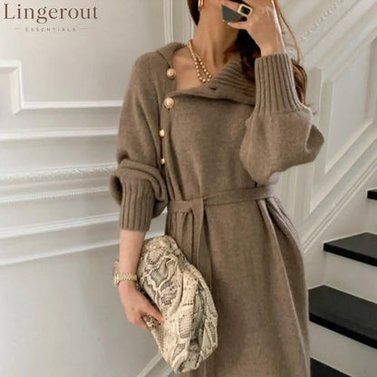 Asymmetric Button Batwing Sleeve Belted Knit Midi Dress