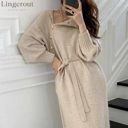 Asymmetric Button Batwing Sleeve Belted Knit Midi Dress
