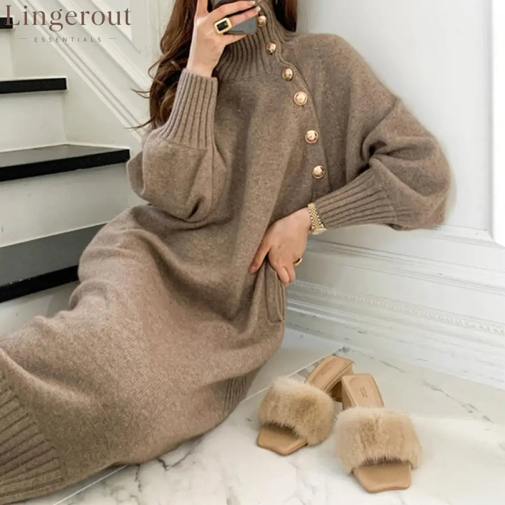 Asymmetric Button Batwing Sleeve Belted Knit Midi Dress