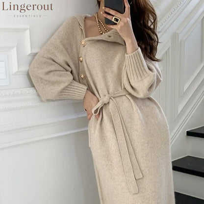 Asymmetric Button Batwing Sleeve Belted Knit Midi Dress