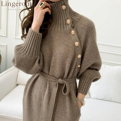 Asymmetric Button Batwing Sleeve Belted Knit Midi Dress