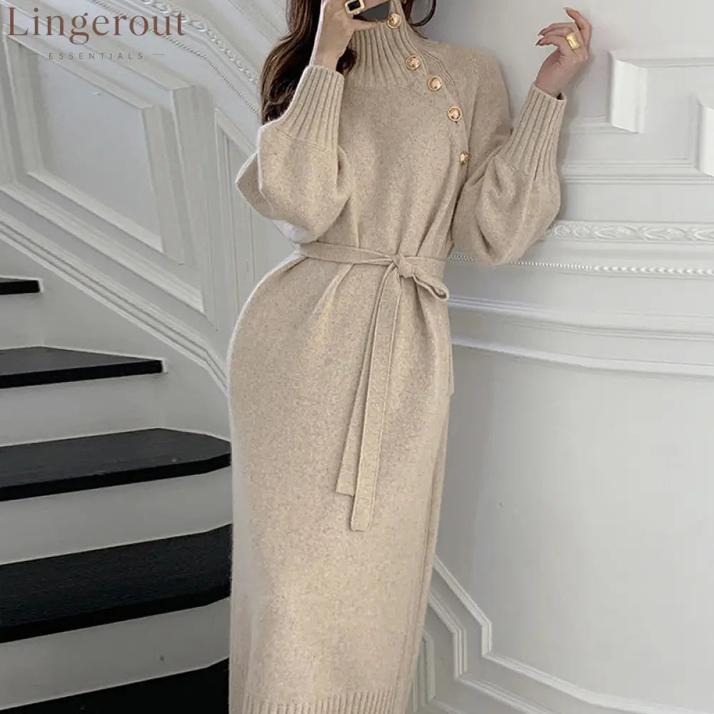Asymmetric Button Batwing Sleeve Belted Knit Midi Dress - Apricot / One Size
