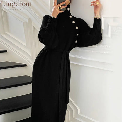 Asymmetric Button Batwing Sleeve Belted Knit Midi Dress - Black / One Size