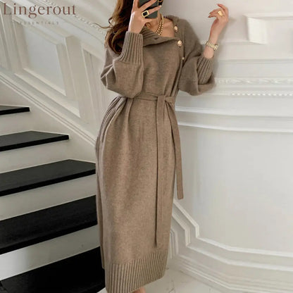Asymmetric Button Batwing Sleeve Belted Knit Midi Dress - Khaki / One Size