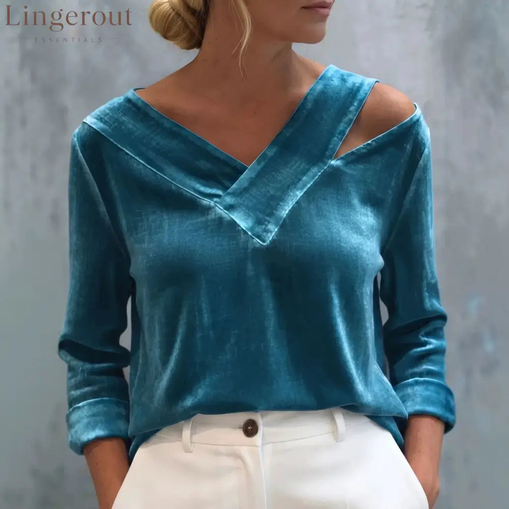 Asymmetric Cold Shoulder Velvet Blouse