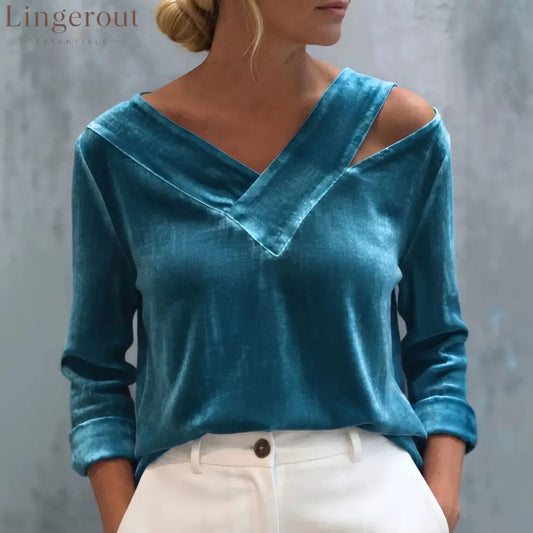Asymmetric Cold Shoulder Velvet Blouse