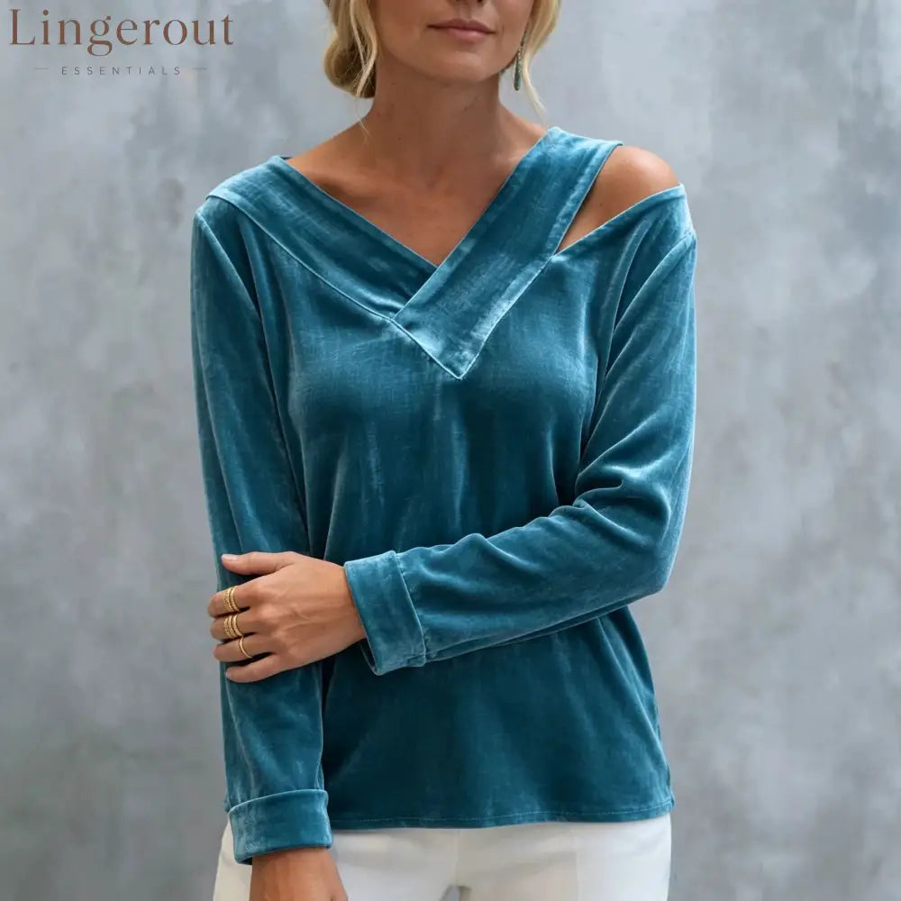 Asymmetric Cold Shoulder Velvet Blouse