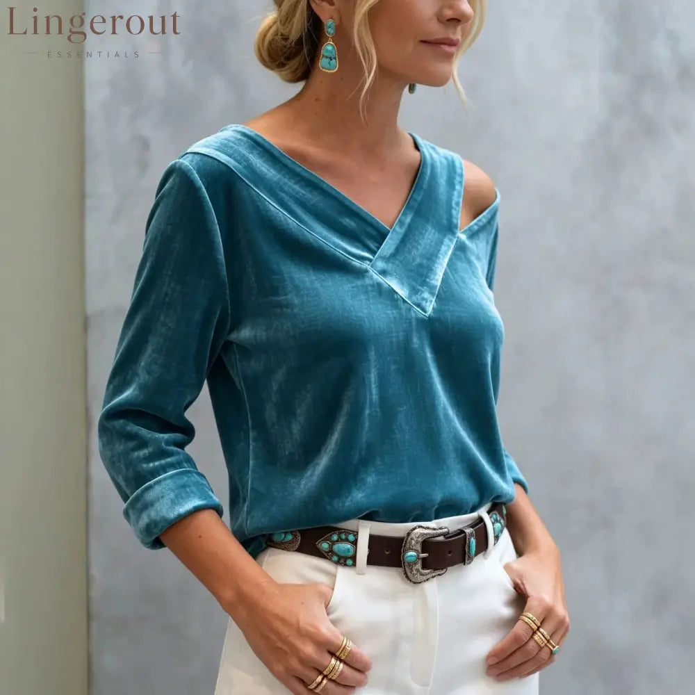 Asymmetric Cold Shoulder Velvet Blouse