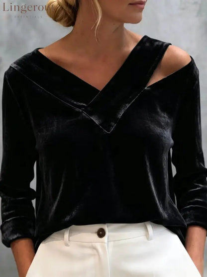 Asymmetric Cold Shoulder Velvet Blouse - Black / S