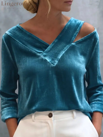 Asymmetric Cold Shoulder Velvet Blouse - Blue / S