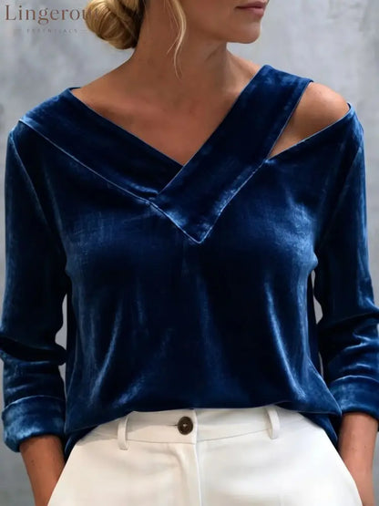 Asymmetric Cold Shoulder Velvet Blouse - Dark blue / S