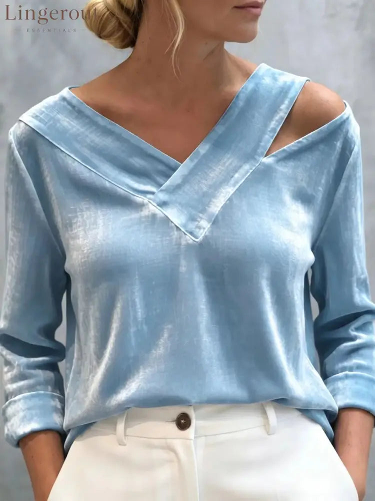 Asymmetric Cold Shoulder Velvet Blouse - Light blue / S