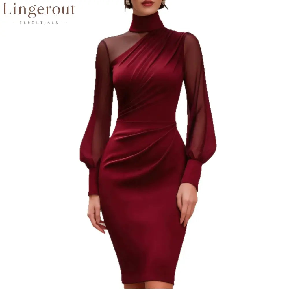 Asymmetric High-Neck Ruched Midi Dress
