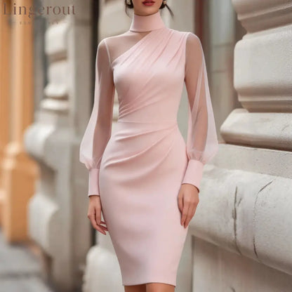 Asymmetric High-Neck Ruched Midi Dress