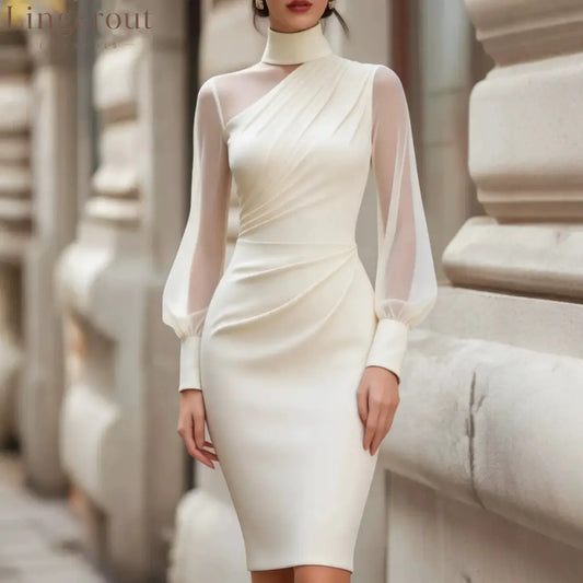 Asymmetric High-Neck Ruched Midi Dress