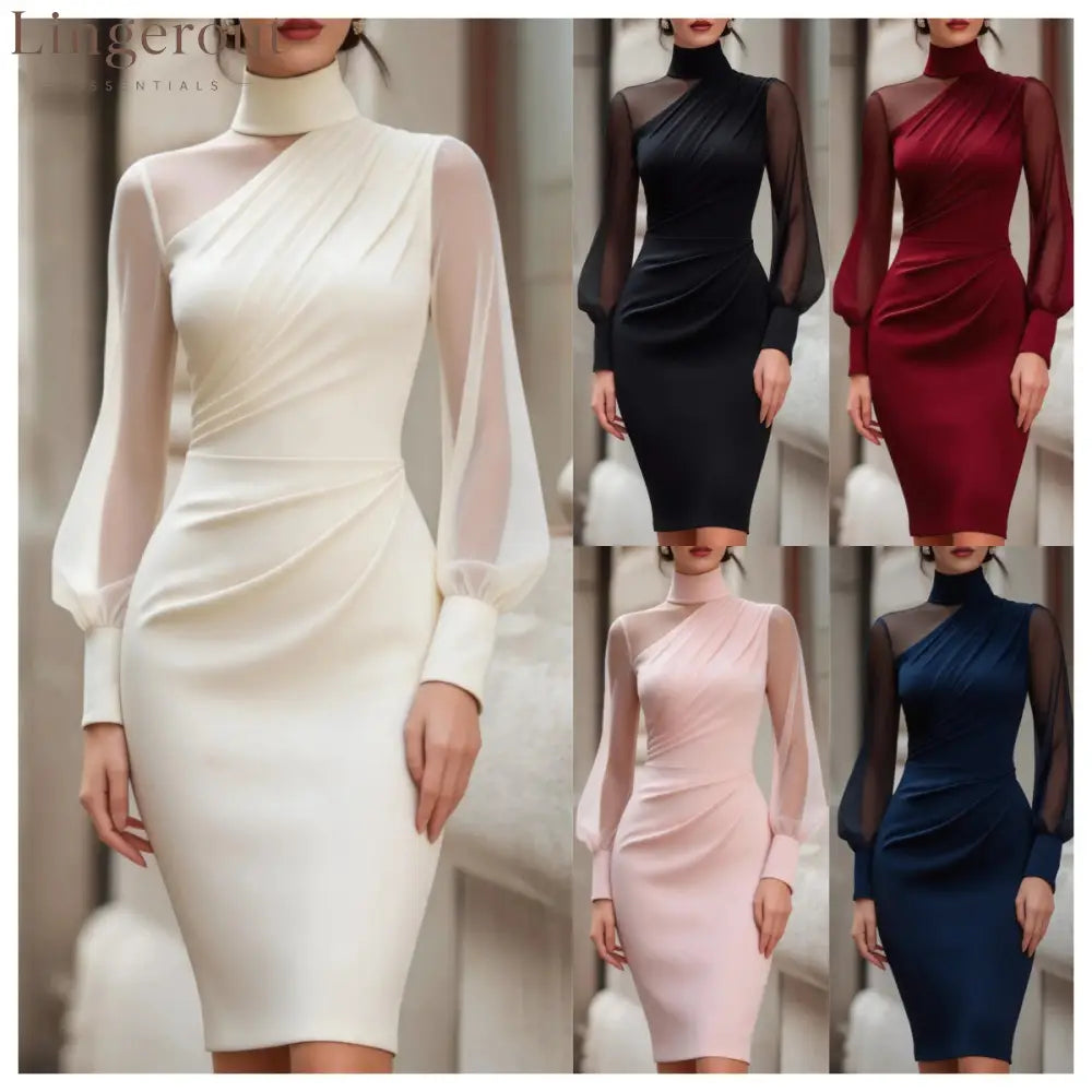 Asymmetric High-Neck Ruched Midi Dress