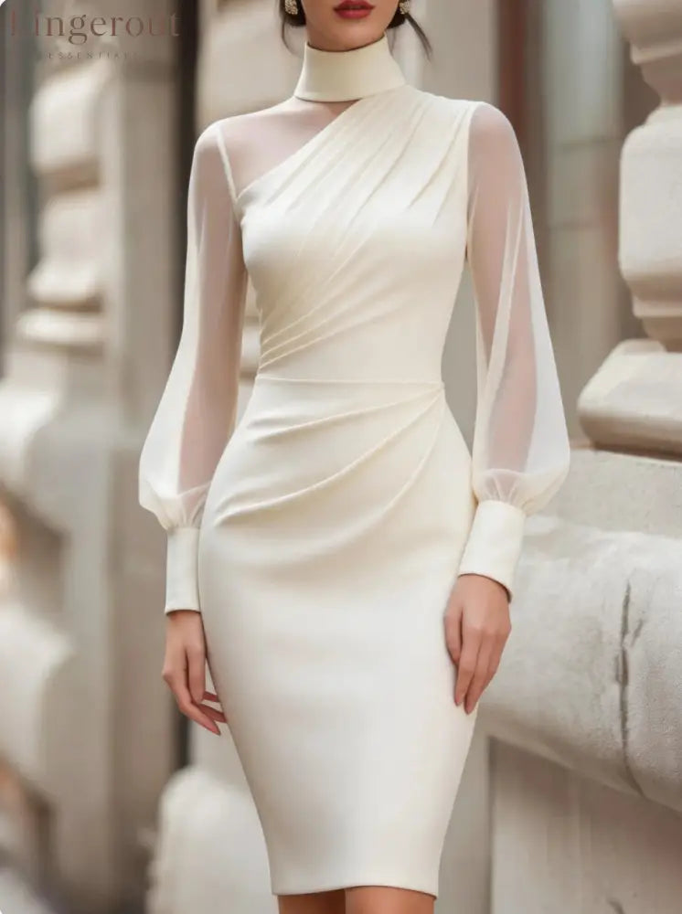 Asymmetric High-Neck Ruched Midi Dress - Apricot / S