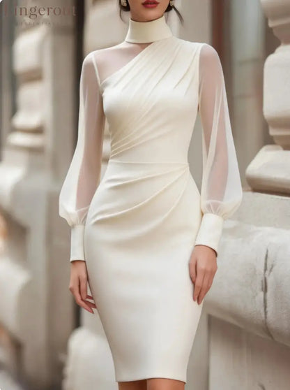 Asymmetric High-Neck Ruched Midi Dress - Apricot / S