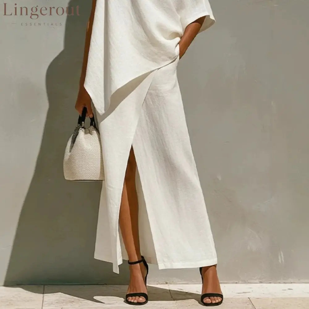 Asymmetric Knot Linen Two-Piece White Set